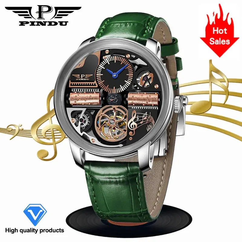 PINDU men's luxury automatic watch with stainless steel case, sapphire glass, green leather strap, skeleton movement