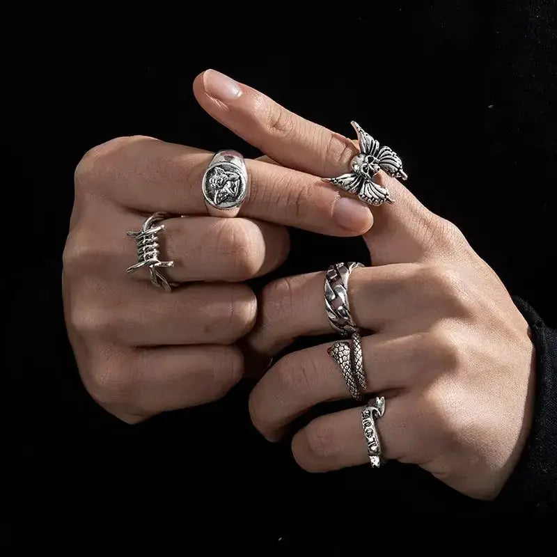 Punk Gothic Skeleton Ring Set Unisex Jewelry Grunge Butterfly Frog Motifs Hip Hop Street Style Ring Gift 2024