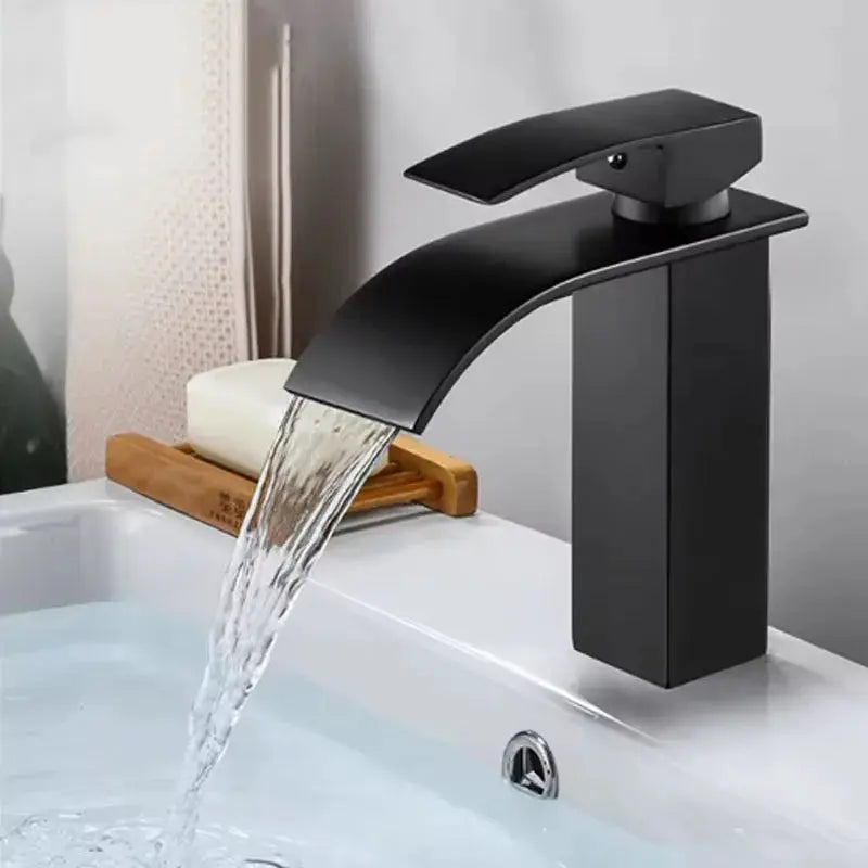Waterfall wash basin faucet, black stainless steel with high-arc spout and waterfall flow, Simples Market.