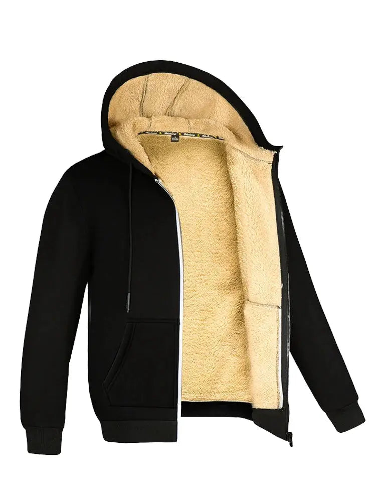 Simples Market black hooded fleece-lined jacket for men and women with beige sherpa lining and zip front