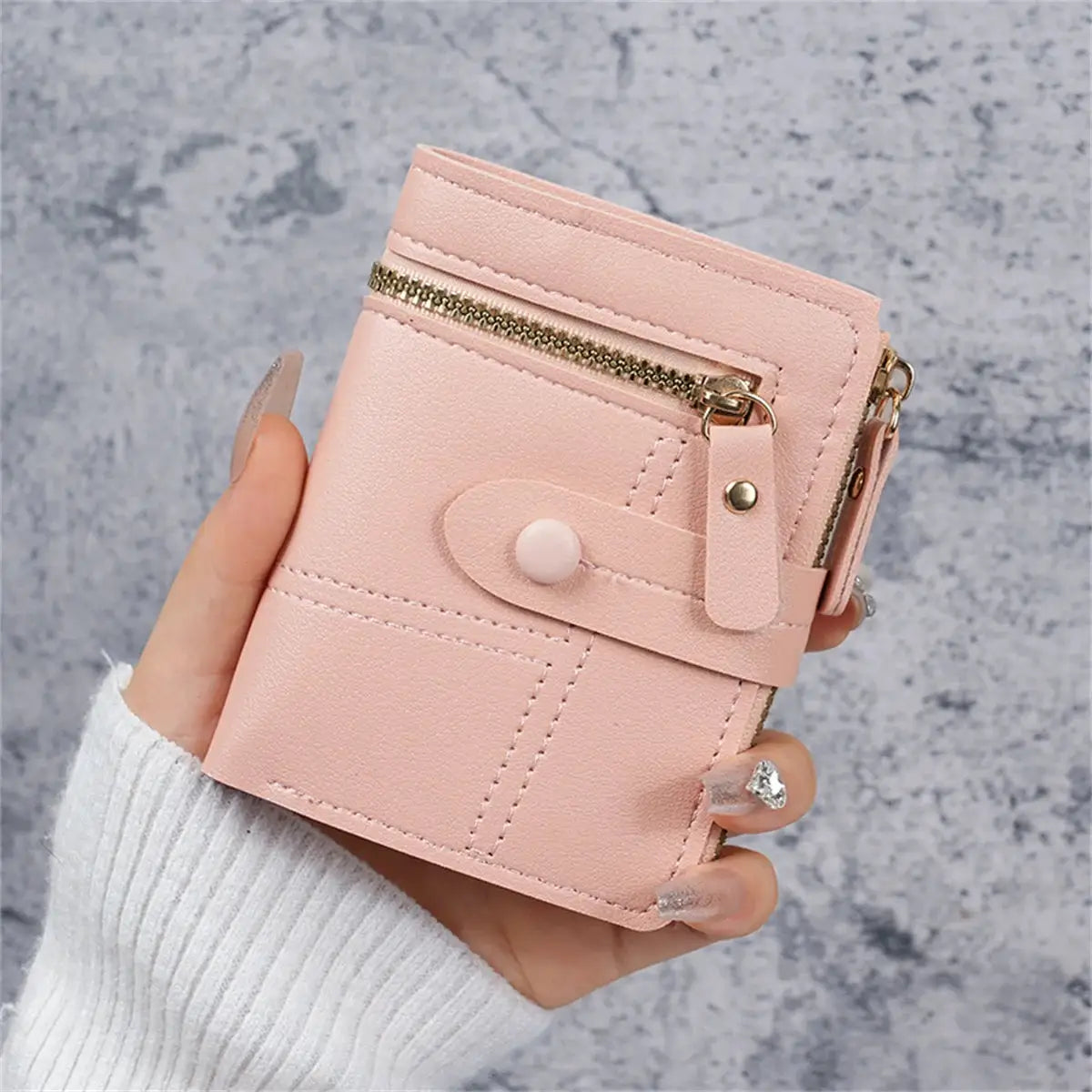 Wallet pink, slim women's wallet with gold zipper, snap strap closure, card slots and coin pocket