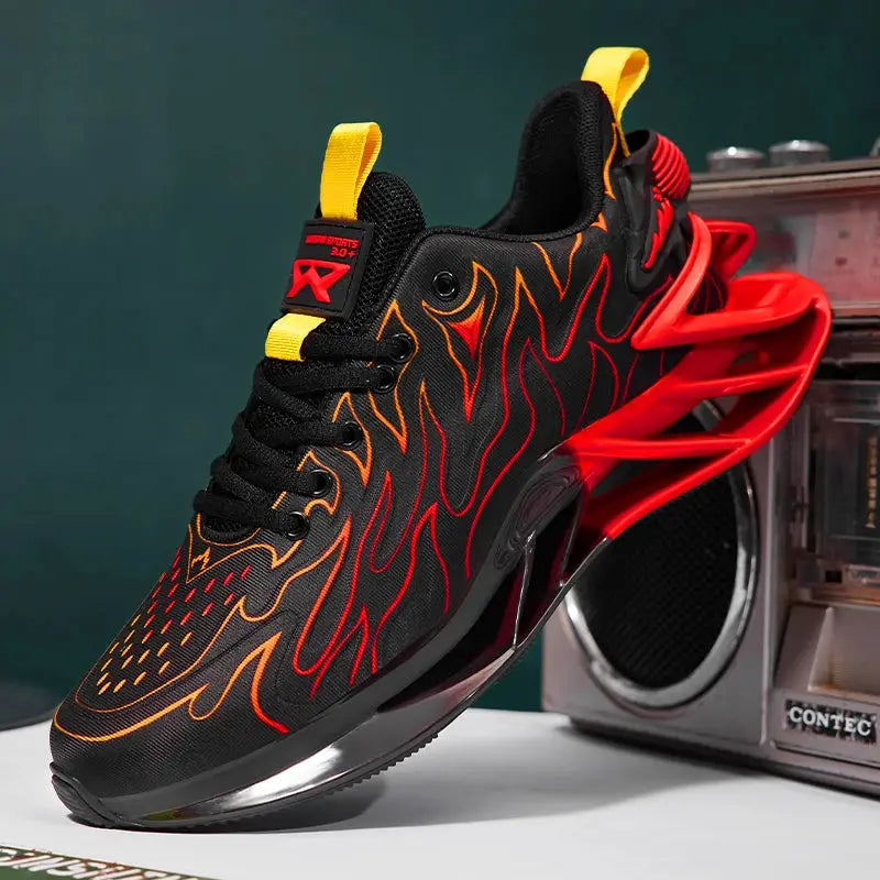 Men's sneakers black with orange flame pattern, yellow pull tabs, red heel.