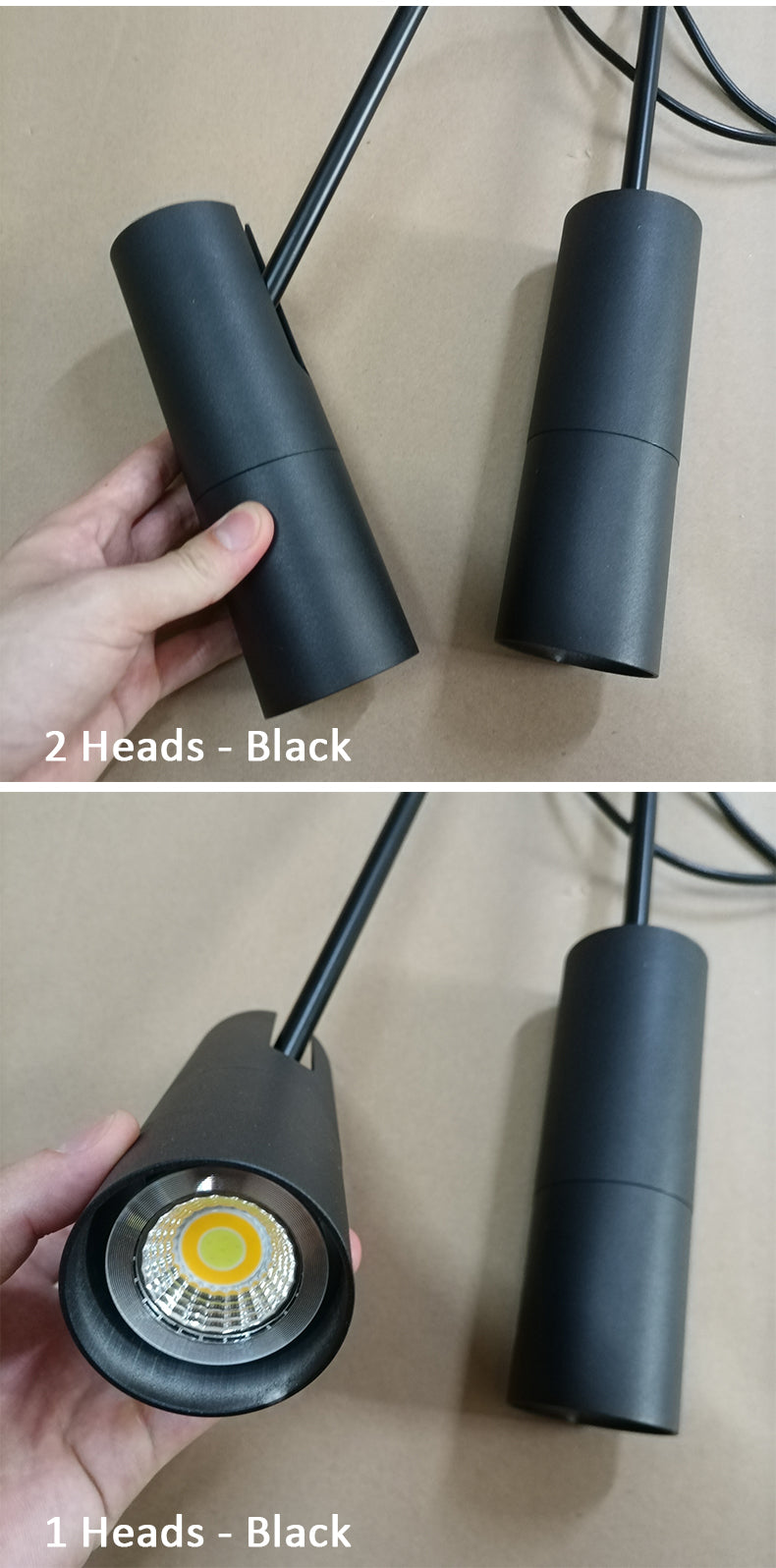 Two-head black LED hanging pendant light with cylindrical fixtures for bedroom or dining room.