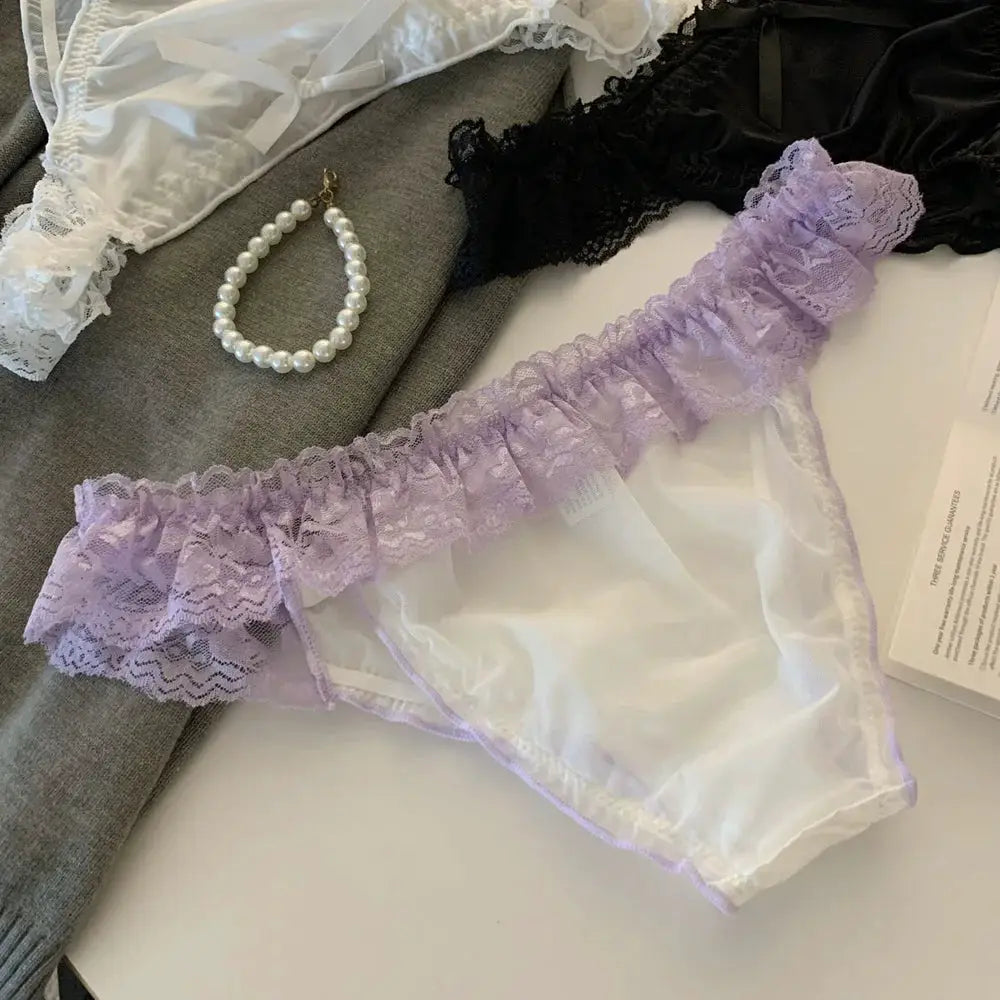 Women's lavender lace-trimmed panties with sheer satin panel, low-rise briefs; 3 items visible.