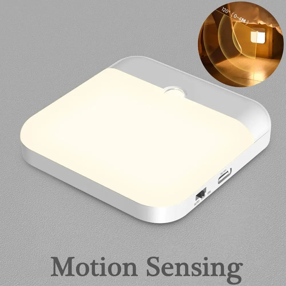 Simples Market motion-sensing LED square light with USB charging, white plastic, for bedroom, kitchen, stairs, wardrobe.