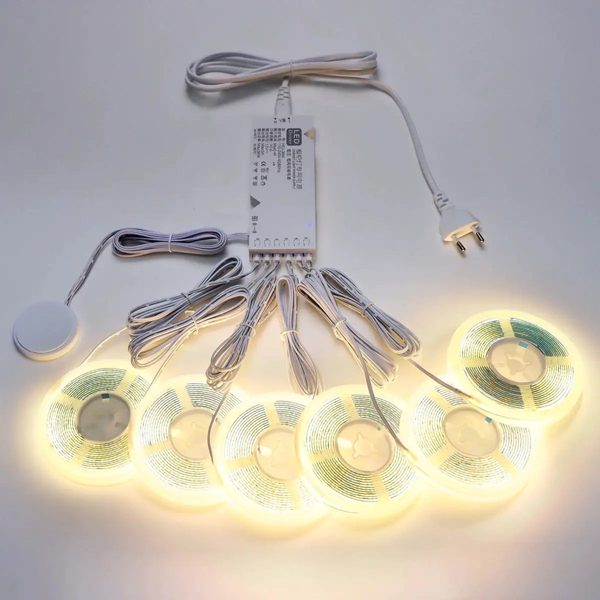 Under-cabinet COB LED strip light kit by Simples Market with six warm-white circular modules and controller