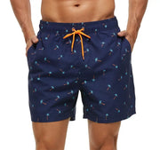 Men's navy blue swim shorts with orange drawstring and palm tree print