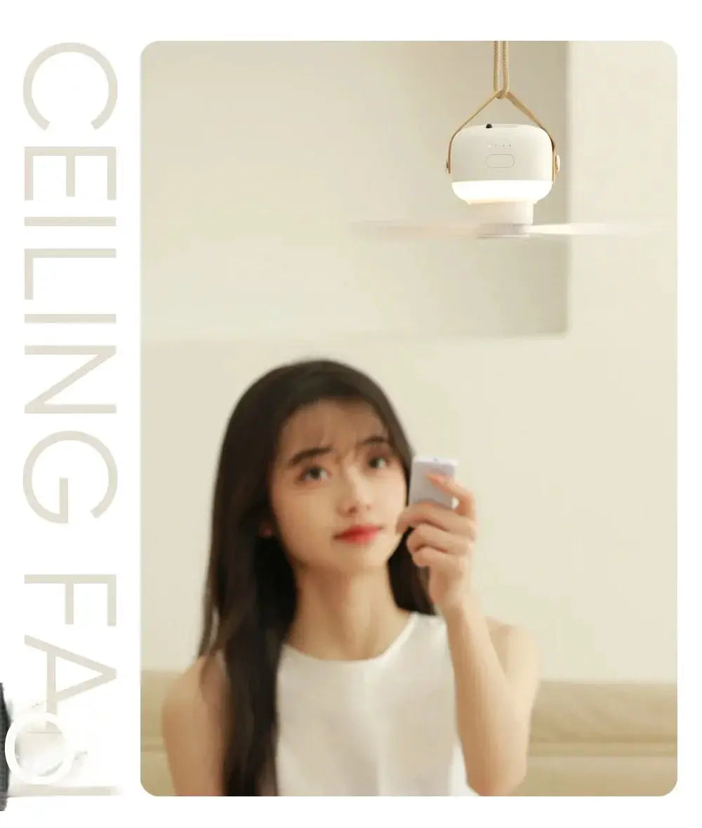 Portable wireless mini ceiling fan with light and remote, white