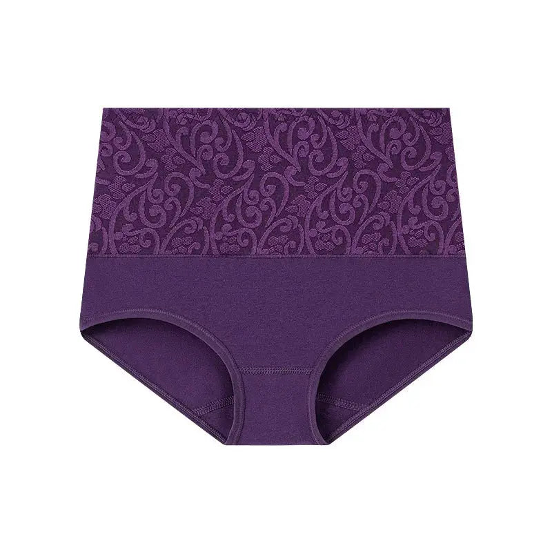 Purple plus-size high-waist cotton panties with a patterned upper panel.
