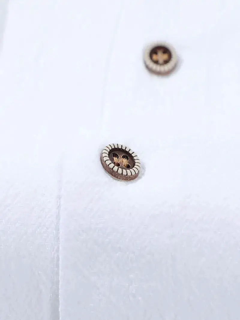 Men's white linen long-sleeve shirt with brown ringed buttons.