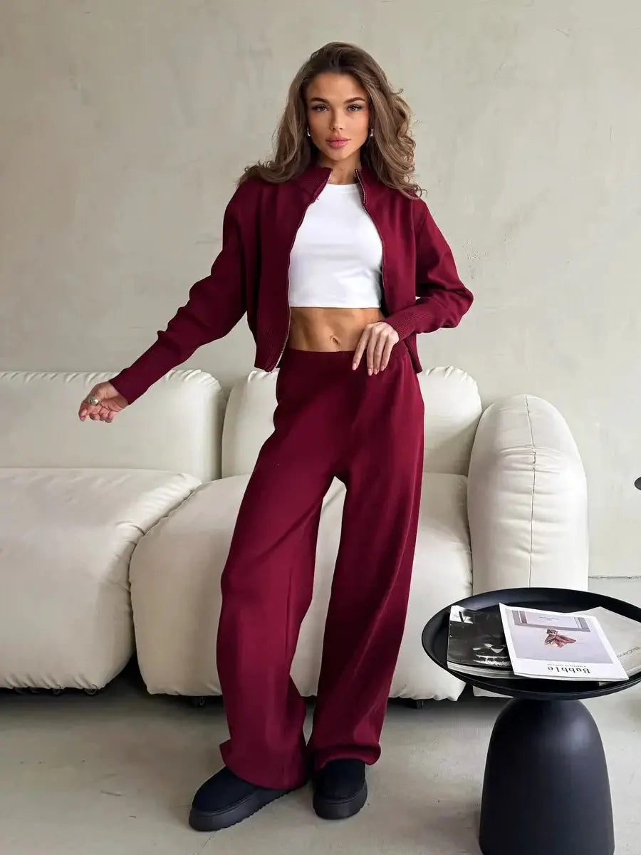 Bornladies Knit Zip Up Cropped Cardigan With Wide Leg Pants Set Women