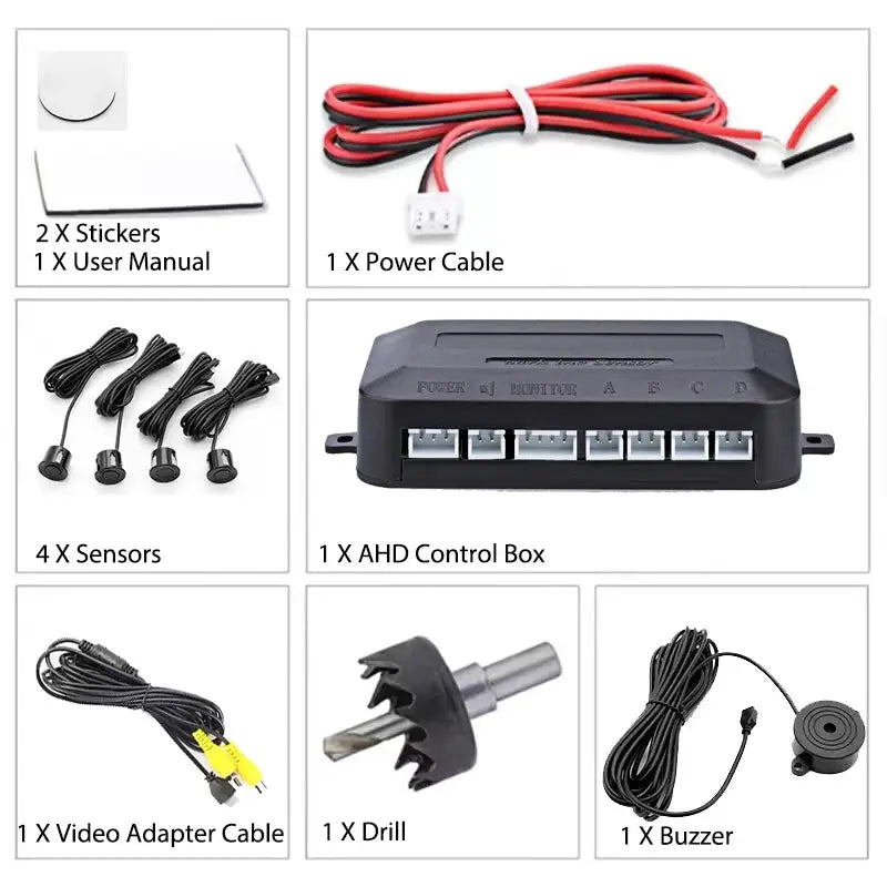 FirstSafe CVBS AHD car rear parking radar system with 4 sensors, control box, power cable and buzzer.