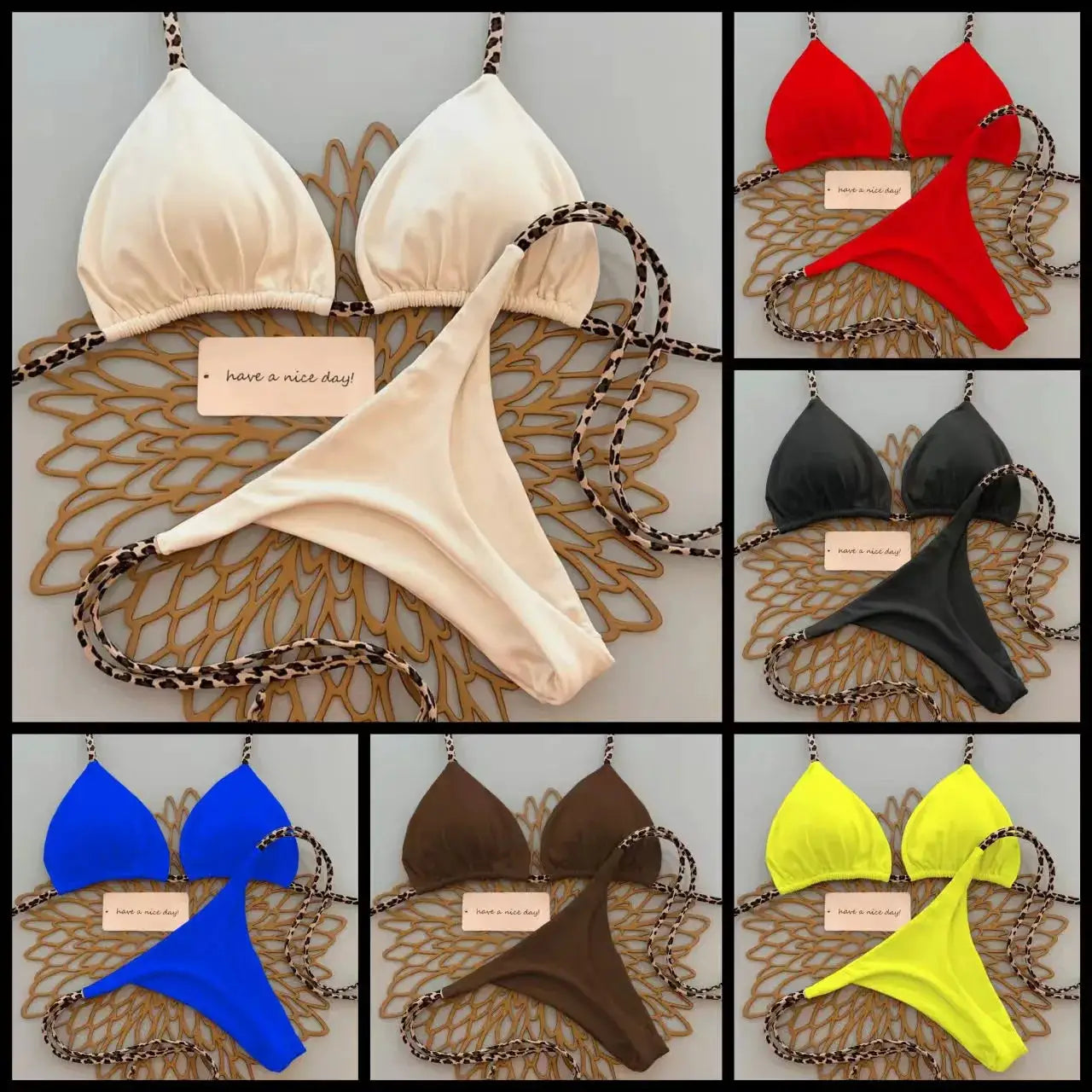 Women's thong bikini set by Simples Market in 9 colors with leopard-printed straps