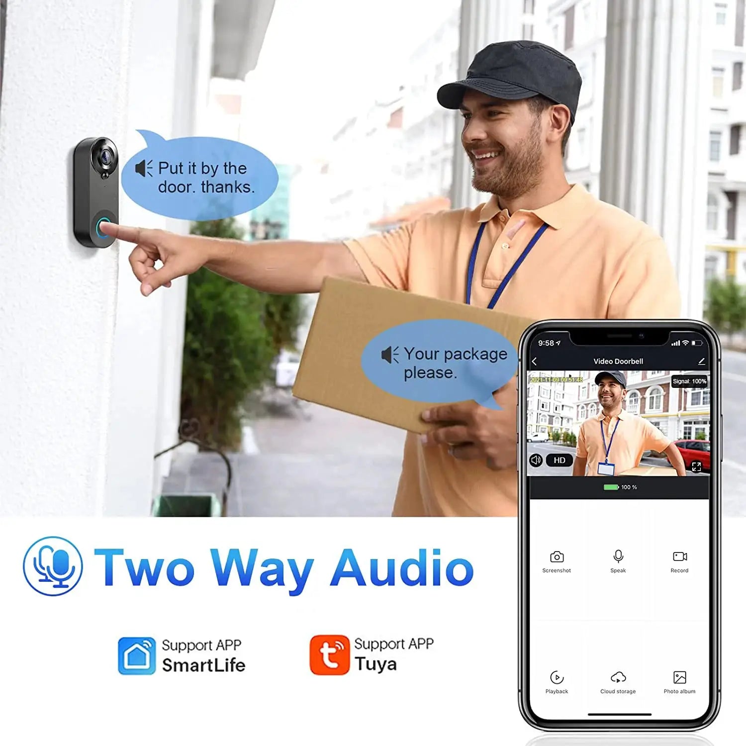 1080P wireless black video doorbell camera by Simples Market with two-way audio; Tuya/SmartLife app shown on smartphone