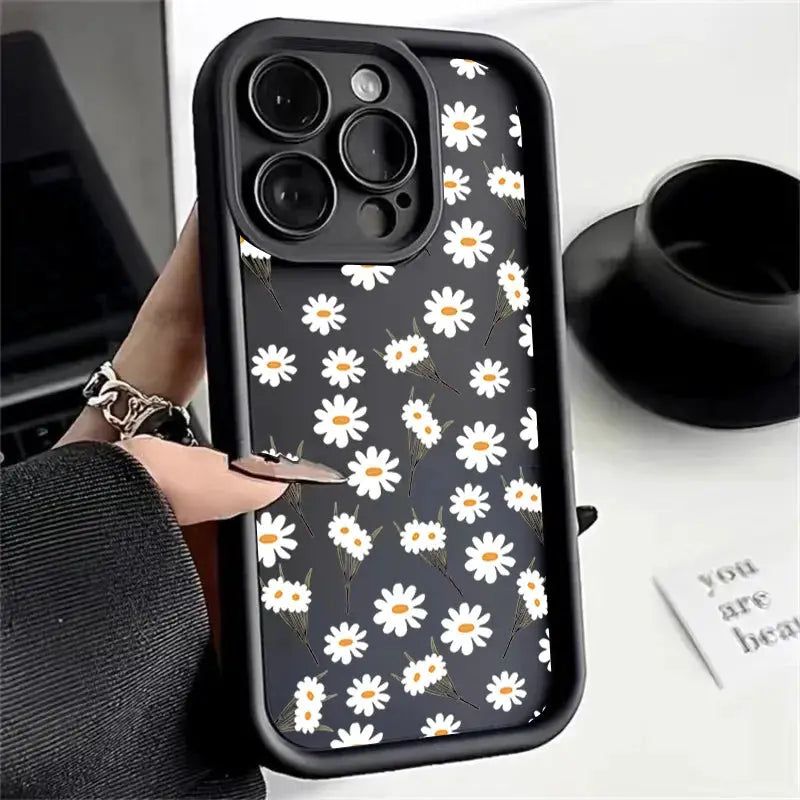 DaisyShield White Daisy Flower Silicone Case For iPhone 12 13 14 15 16 17 Full Coverage Shockproof Protection