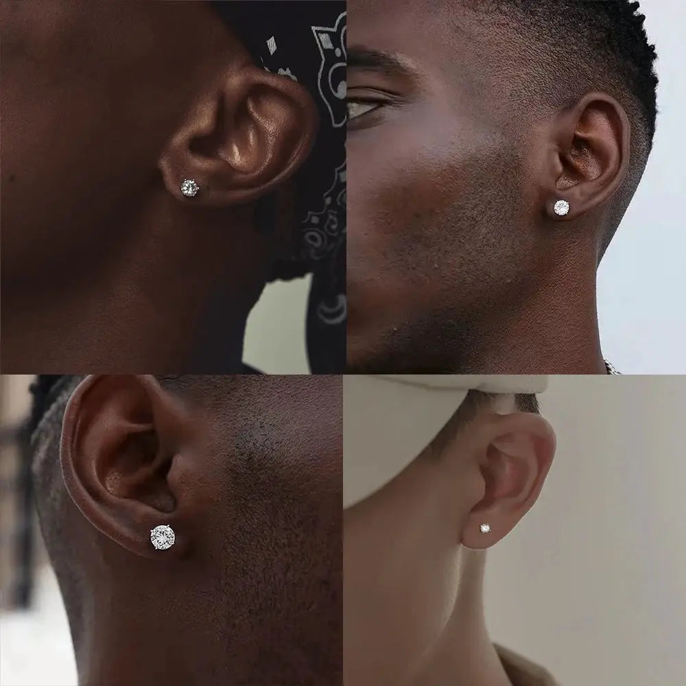 Stainless steel crystal stud earrings with round clear cubic zirconia shown in a four-image collage