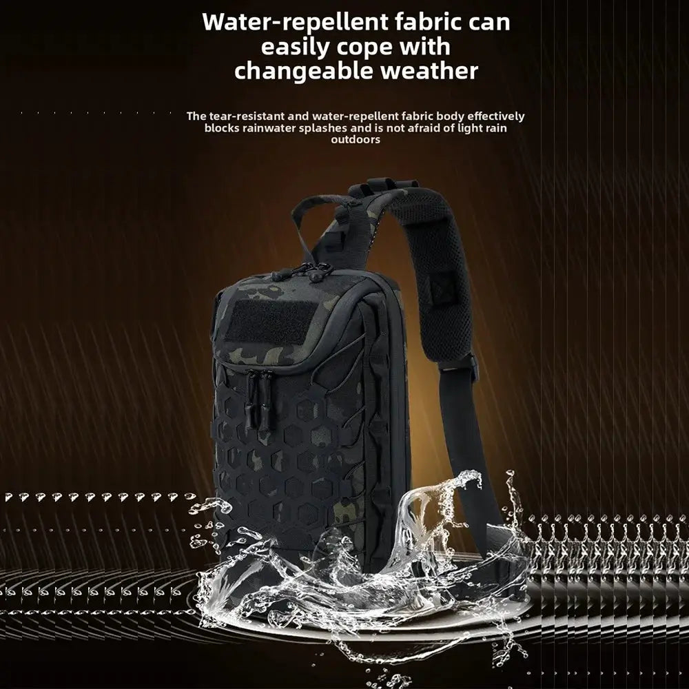 Simples Market outdoor tactical sling backpack with hex-pattern front, black camo, water-resistant fabric