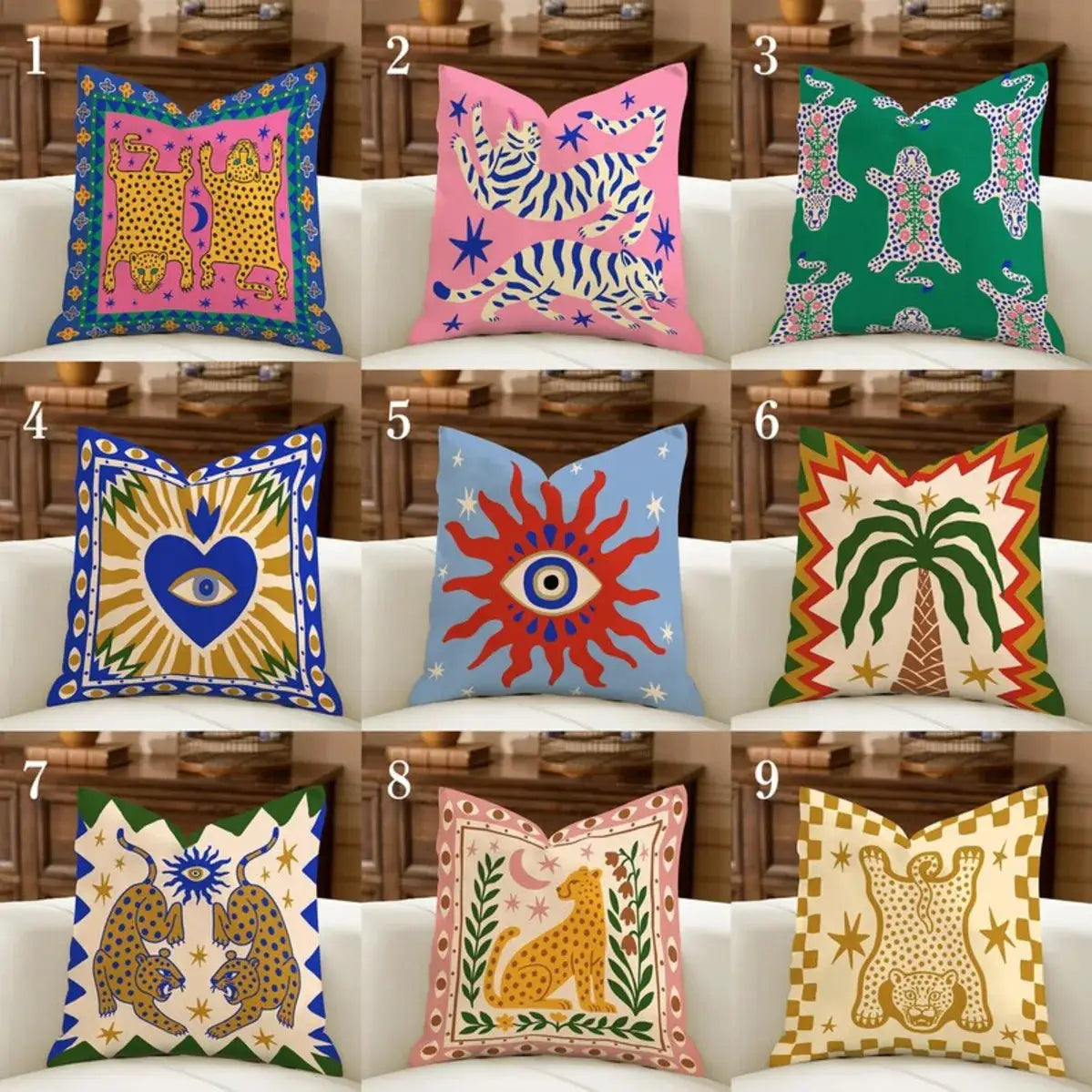 Minimal Boho Sun Leopard Palm Tree pillow cover set by Simples Market; nine colorful cushion covers