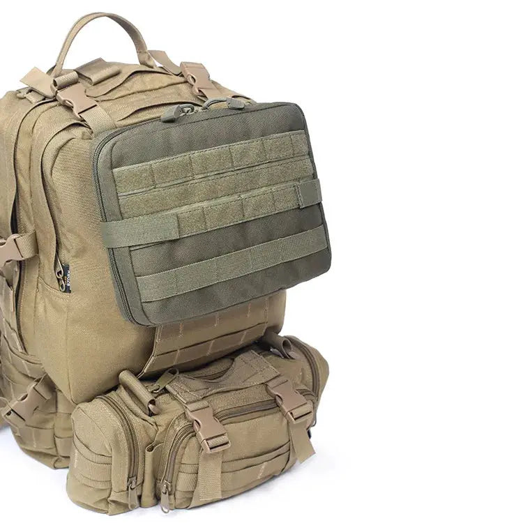 Simples Market Molle Pouch Bag, tan tactical EMT medical pack with front MOLLE pouch and two attached pouches.