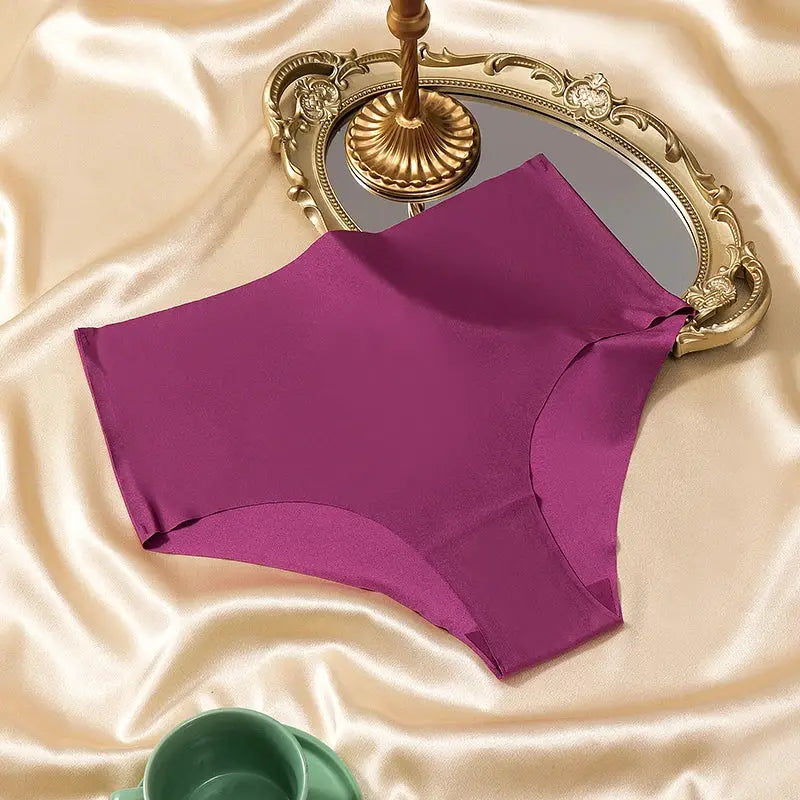 High-waist seamless panties, purple, breathable women's underwear on satin backdrop