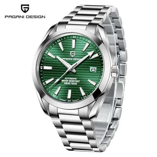 Pagani Design A150 40mm men's automatic watch with green dial and stainless steel bracelet 100m water resistant