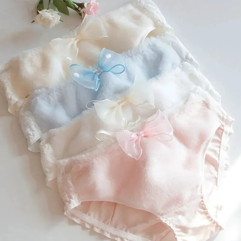 Women's pastel cotton panties set of three by Simples Market with bows in cream, baby blue, pink