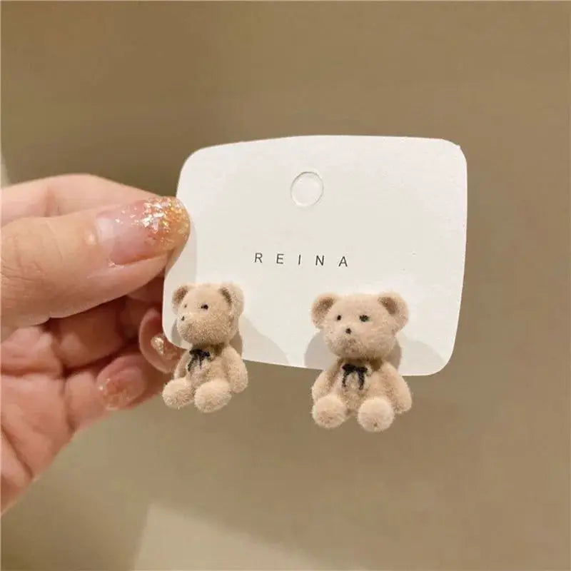 New Design Cute Flocking Plush Rabbit Stud Earrings For Women Korean Fashion Brown Jewelry Gift Party