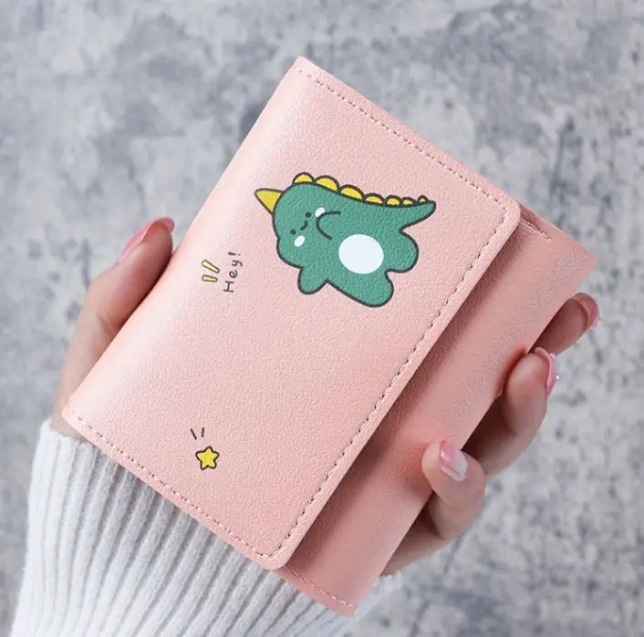 Pink wallet with green cartoon dinosaur, compact cardholder for women