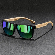 Sunglasses by Simples Market, square-frame with bamboo arms, black frame, green mirrored lenses, UV400