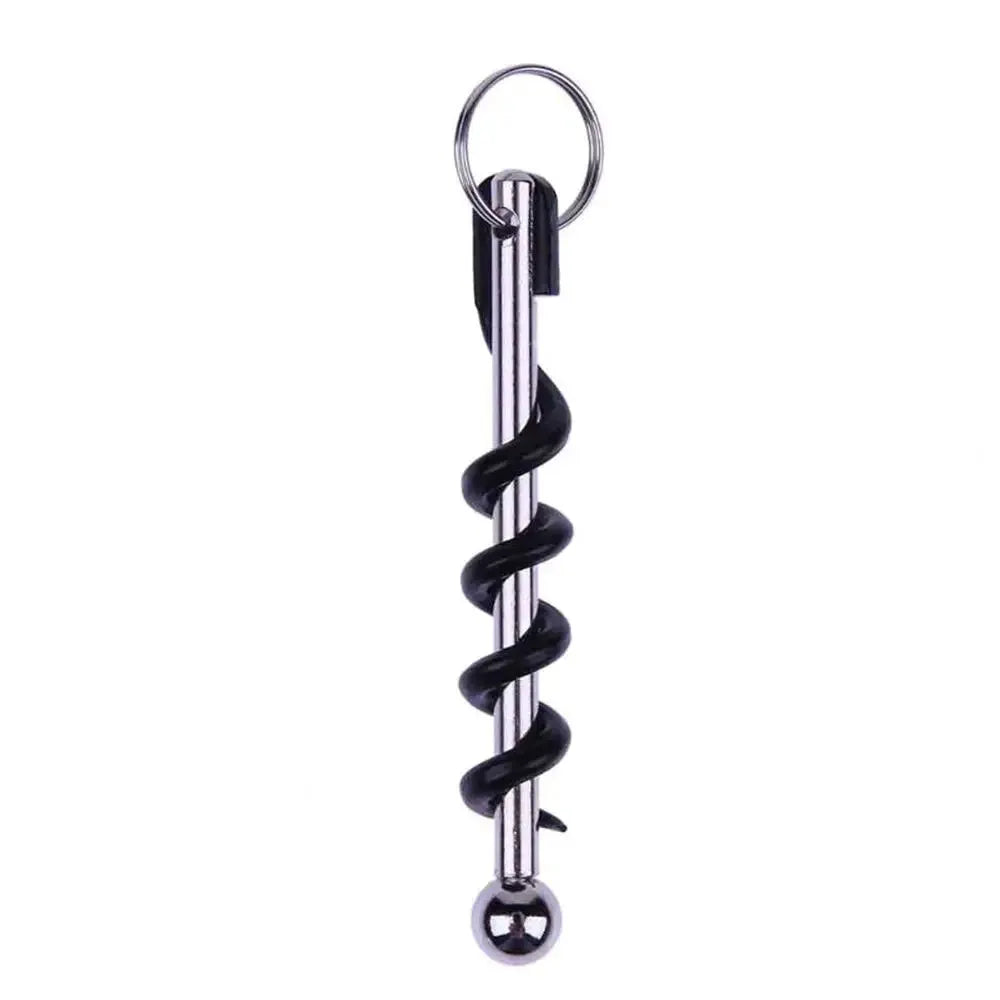 Bottle Opener keyring with corkscrew; stainless steel with black spiral, Simples Market