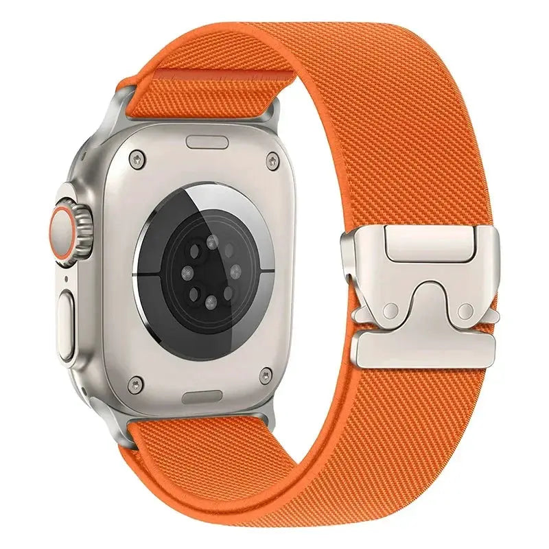 Orange braided nylon Apple Watch strap with metal clasp; fits Ultra 2 and 46–49mm Apple Watches