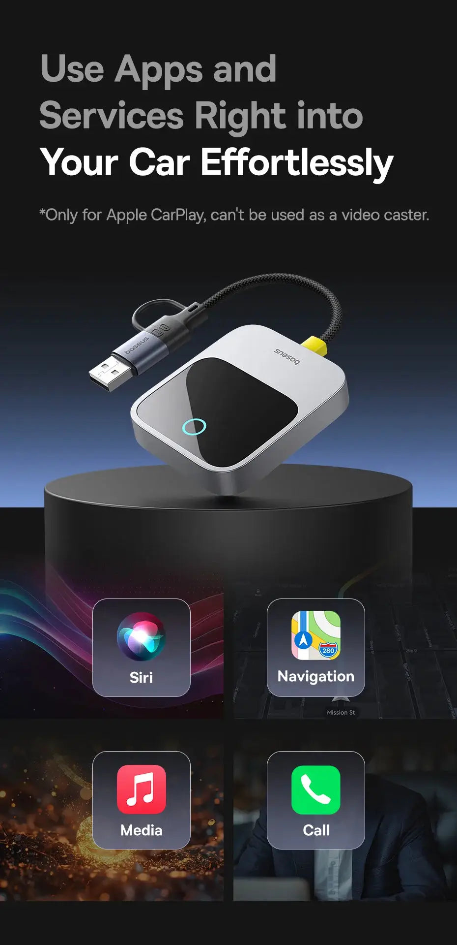 Baseus wireless CarPlay adapter, silver square device with braided cable converting wired CarPlay to wireless