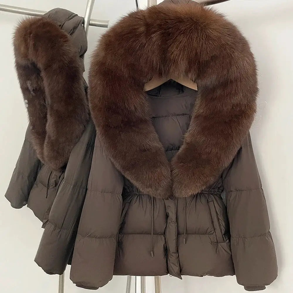 Womens Real Fox Fur Collar Duck Down Coat With Raccoon Fur Trim Hooded Puffer Jacket