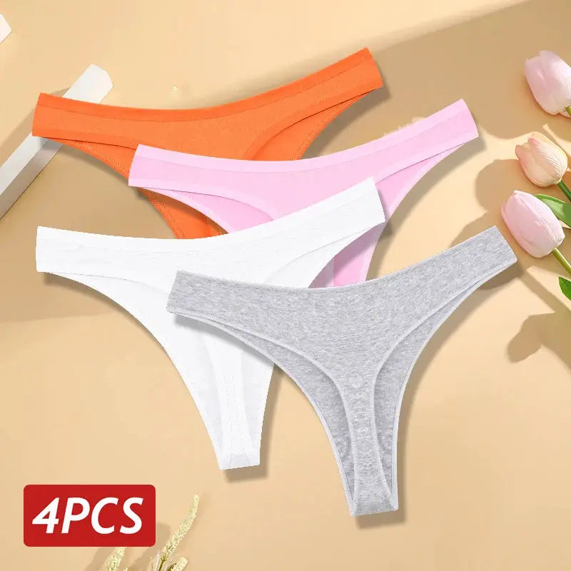 Women's cotton seamless low-rise thong underwear set, 4 pieces, in orange, pink, white and gray from Simples Market.