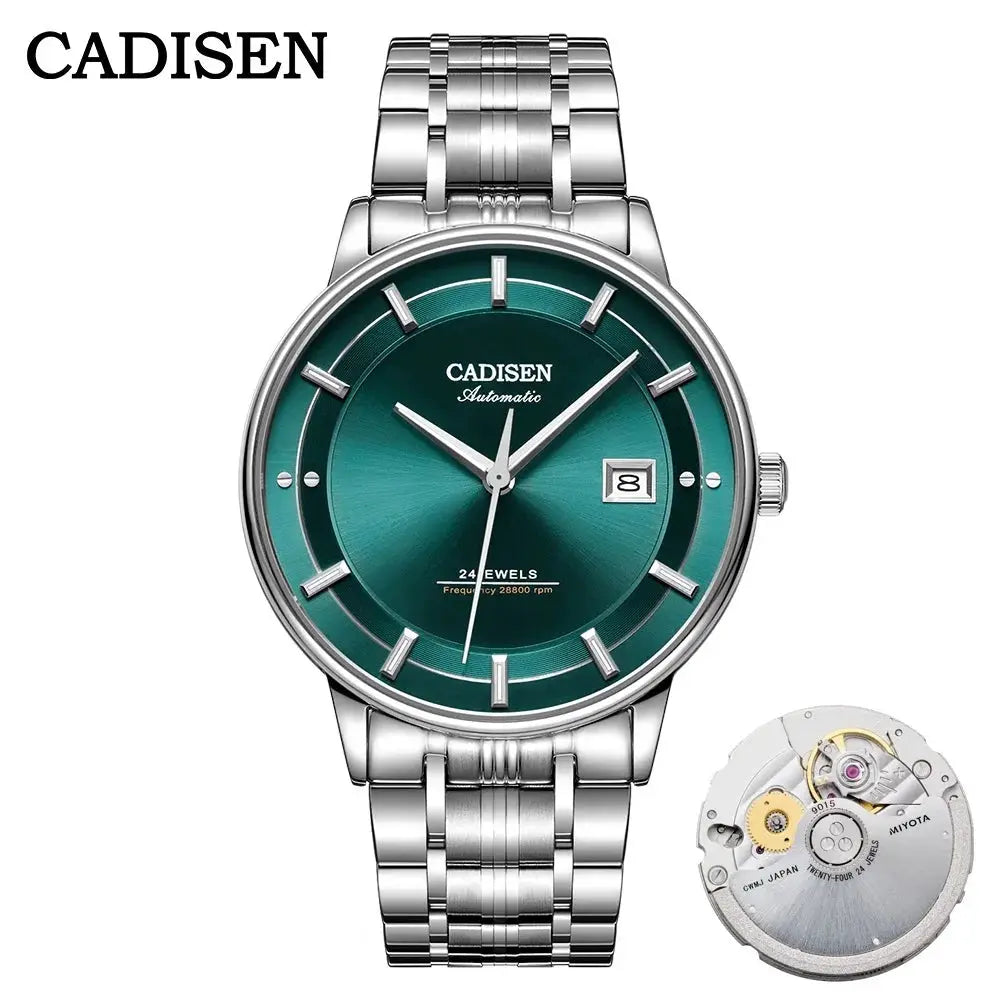 CADISEN stainless steel wristwatch with green dial, automatic Miyota 9015 movement and date window