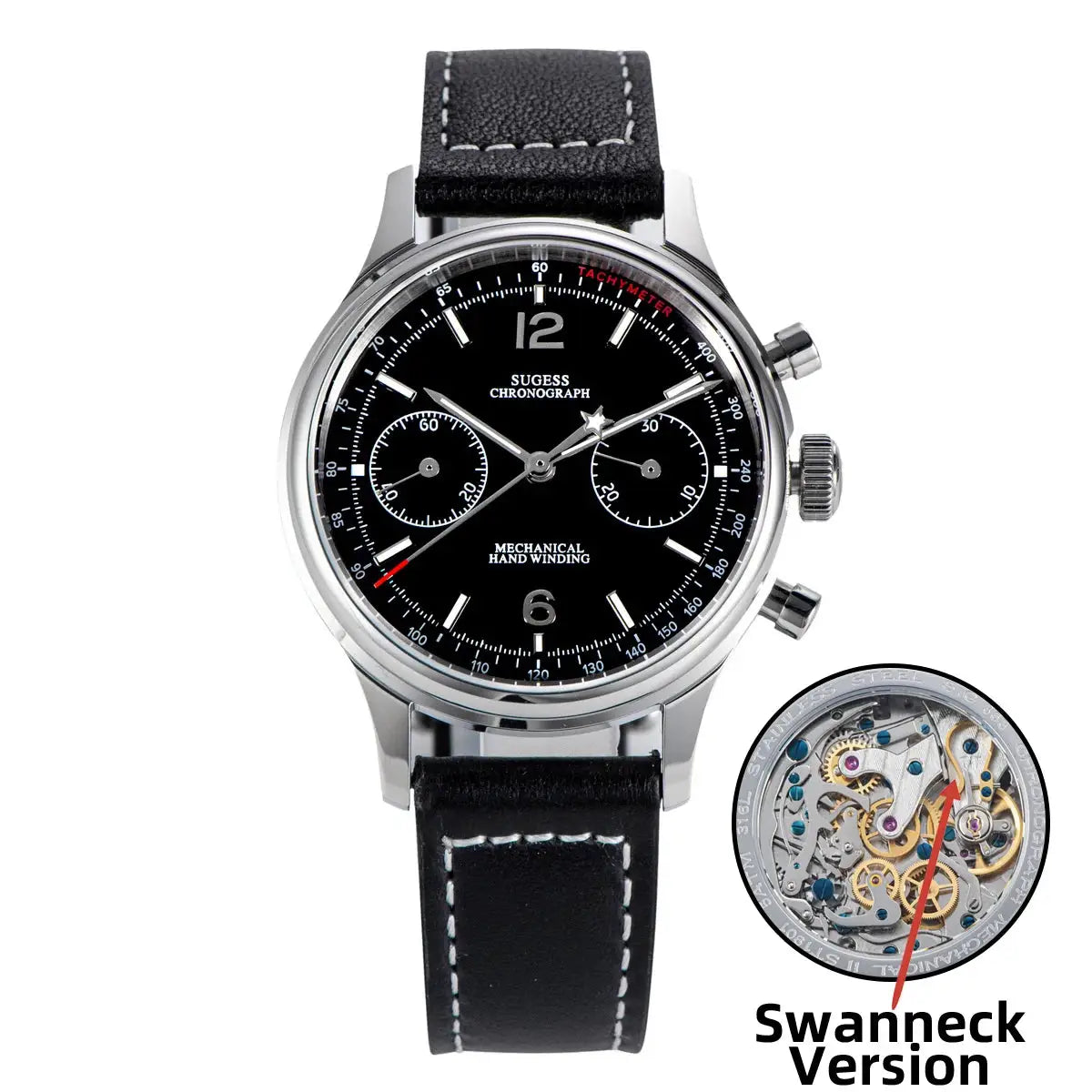 Sugess 1963 Pilot Panda chronograph watch with black dial, stainless steel case and leather strap
