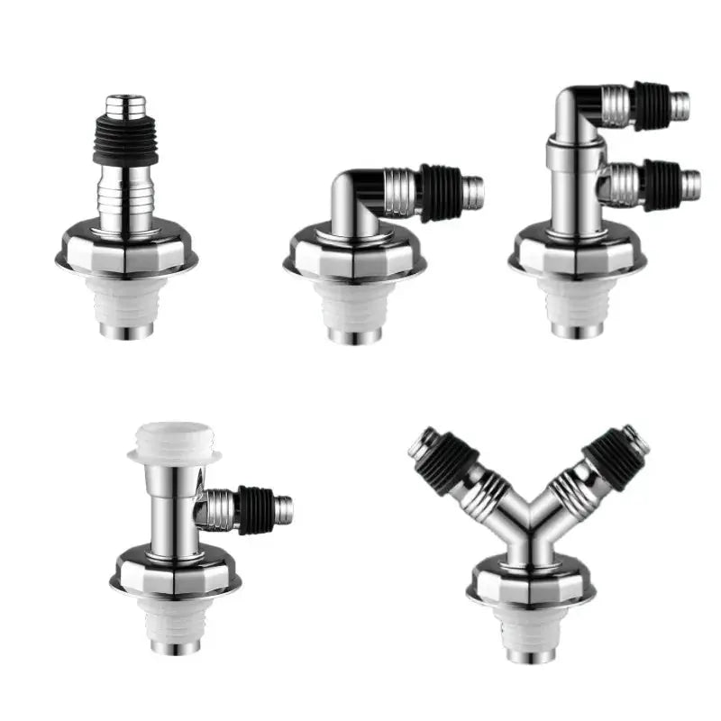 Five chrome-plated washing machine drain connectors in a set, including straight, elbow, and Y-branch hose adapters.
