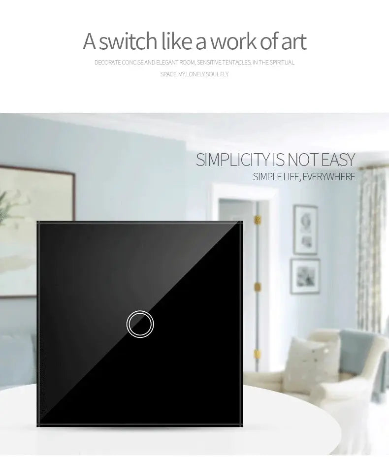 AXUS EU touch switch panel in black tempered crystal glass with LED backlight, 1/2/3 gang