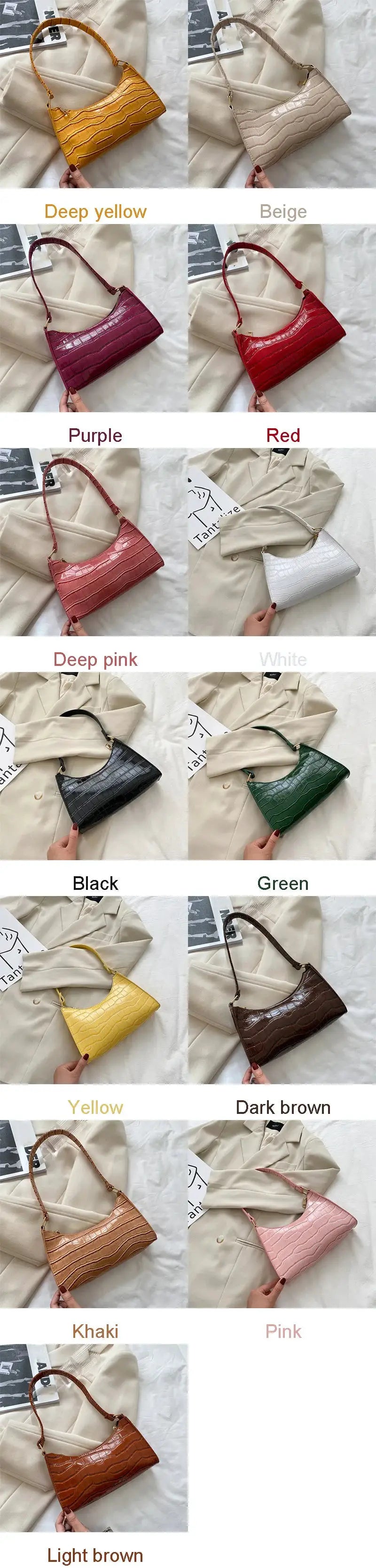 Simples Market PU leather alligator-pattern underarm handbag, small armpit messenger bag in multiple colors