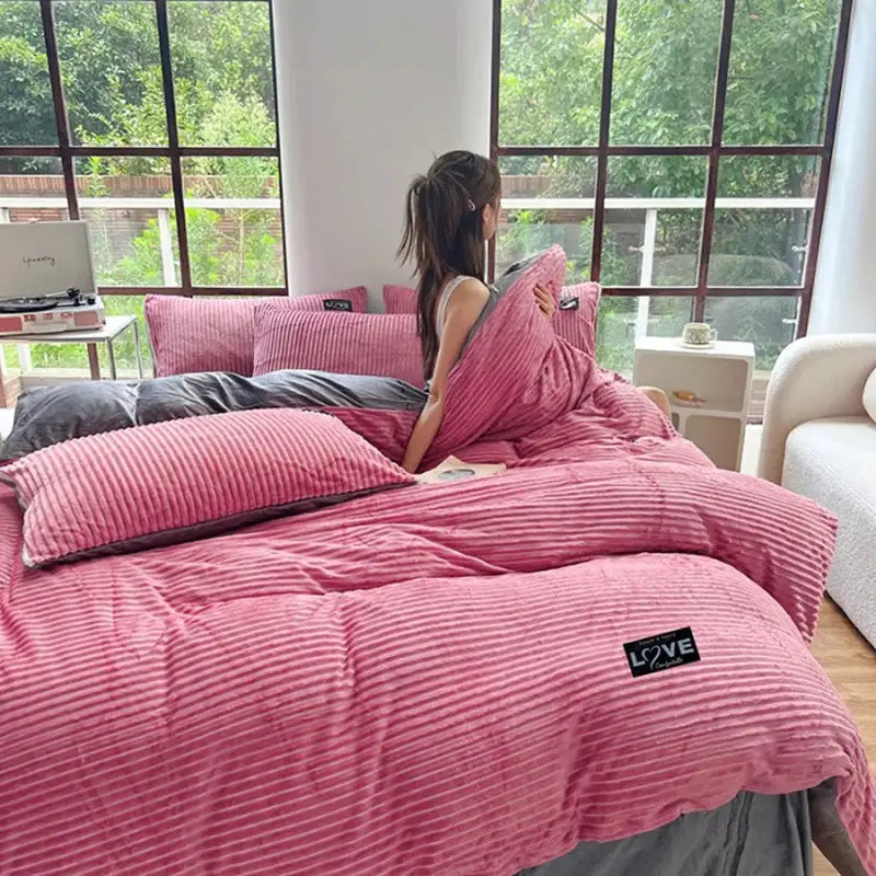 3pc Duvet Cover Bedding Set by Simples Market in pink coral fleece, thick flano, with pillowcases