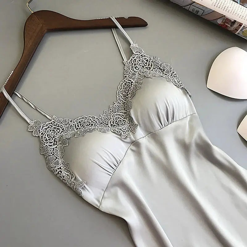 Women Ice Silk Halter Nightdress With Suspender Straps Lightweight Breathable Nightwear For Spring And Summer