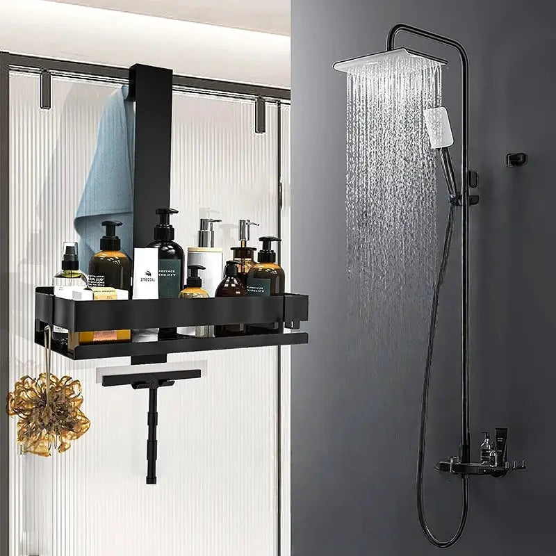 Movable bathroom shelf organizer by Simples Market; black steel, no-drill shower storage rack for bottles