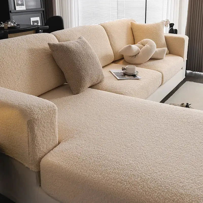 Simples Market 2026 Premium Winter Teddy Fleece Sofa Cover on beige sectional; non-slip elastic protection.