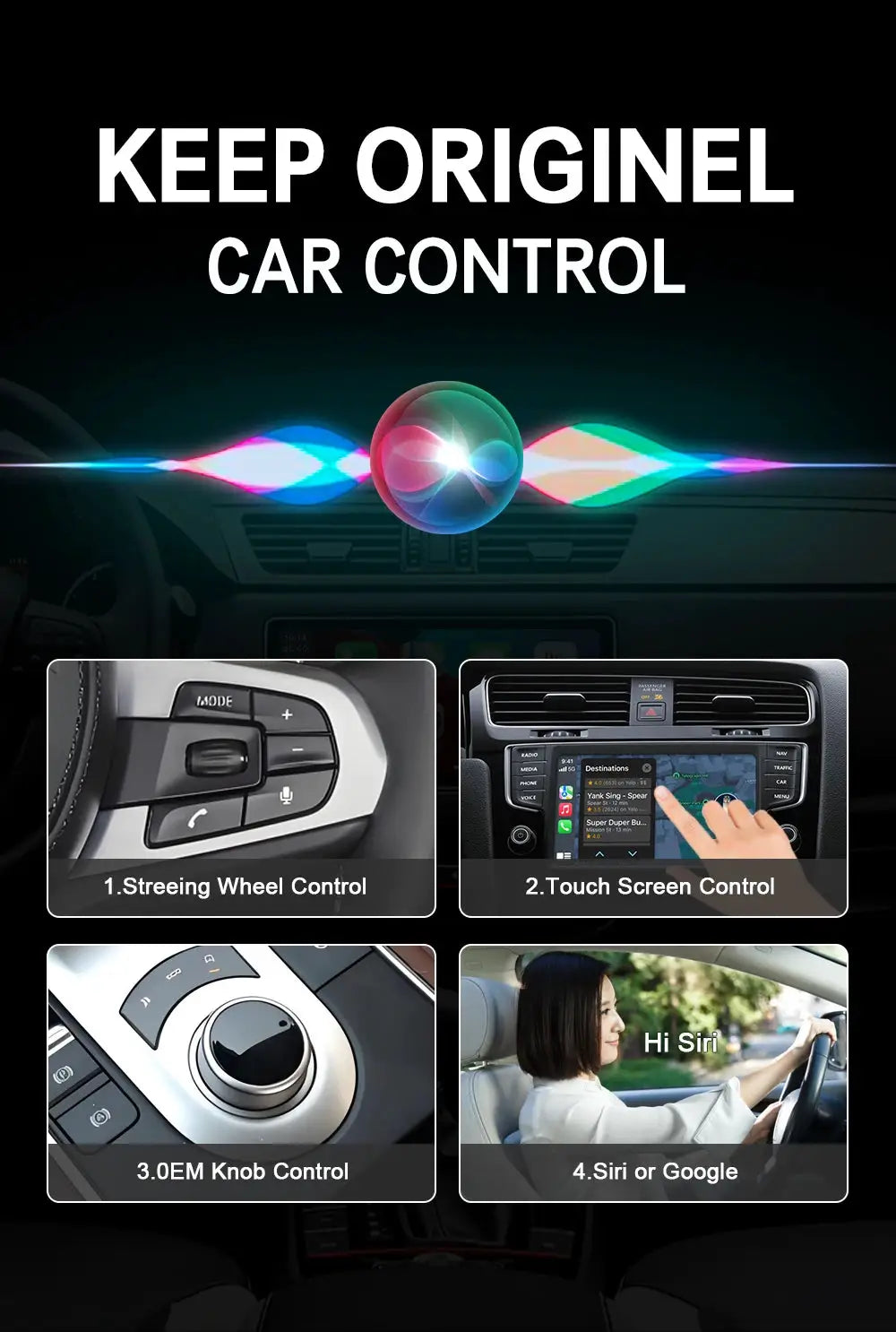 XUDA 2in1 wireless CarPlay/Android Auto AI box; 4 control interfaces: steering wheel, touchscreen, knob, Siri/Google.