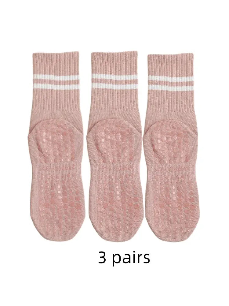 Three Pairs Yoga Socks Women Medium Length Anti Slip Silicone Sole Indoor Fitness Pilates Breathable Polyester