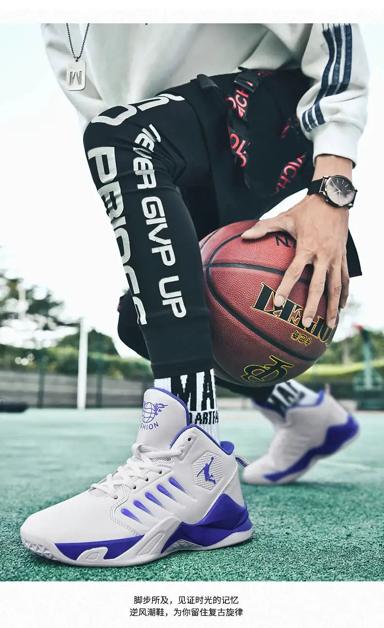 Men's white and purple basketball sneakers on a green court