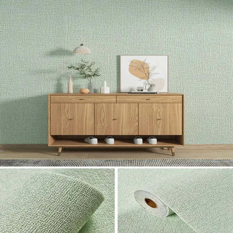 Linen 3D foam self-adhesive PVC wallpaper; sage green, waterproof thickened wall background for home decor