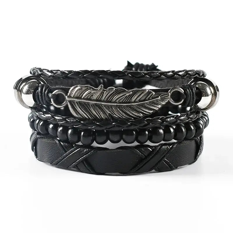 4 Piece Set Braided Leather Wrap Bracelets For Men Vintage Life Tree Rudder Charm Wood Beads Ethnic Tribal Wristbands