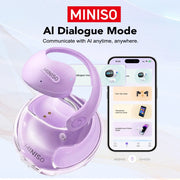 MINISO Translator X15Pro purple Bluetooth headset with charging case and translation app UI