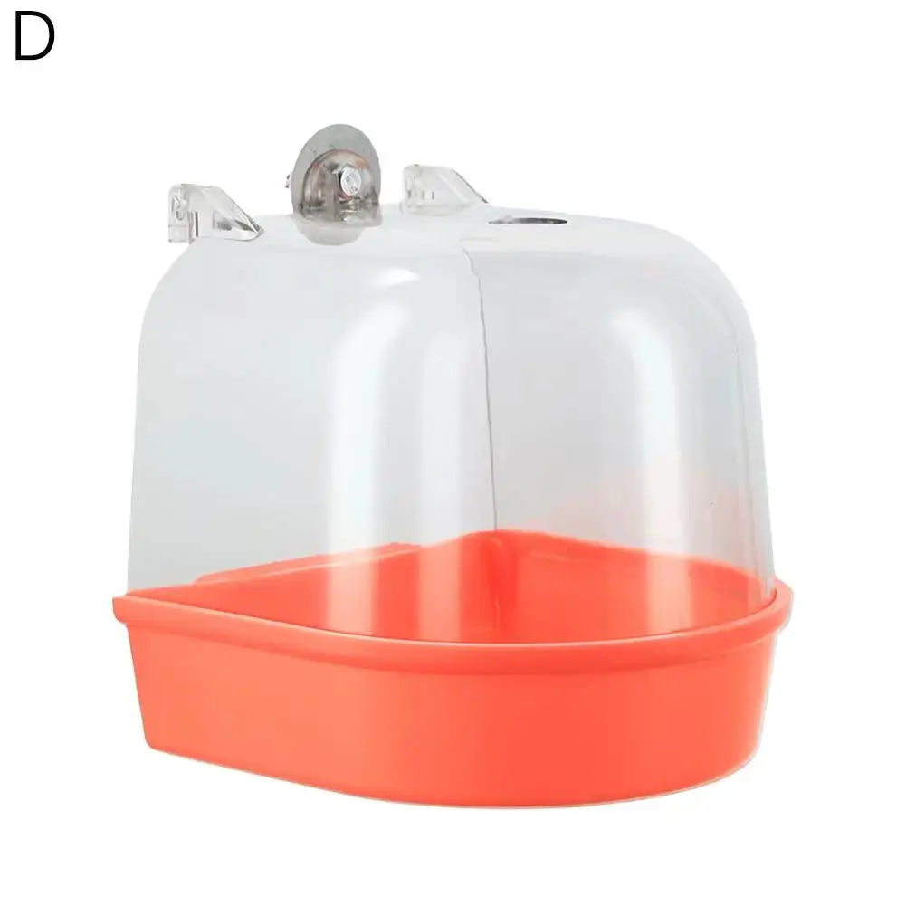 Hanging bird bath with orange tray and clear dome for small birds such as canaries and budgerigars.